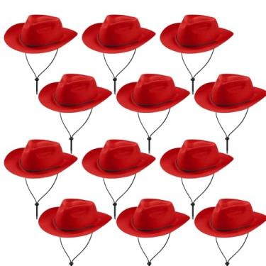 Imagem de Hicarer Conjunto de 12 peças de chapéu de cowboy de plástico descartável para festa de feltro de aba larga para homens e mulheres (vermelho)