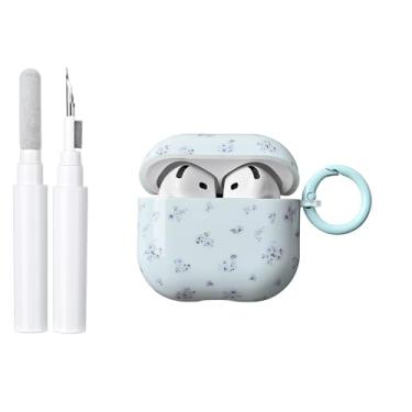 Imagem de COTYPOFLIYTT Compatível com Airpods 4 Geração Capa com Kit de Limpeza, Linda Floral Azul Claro Flor Fresca Design Macio TPU Capa Protetora com Chaveiro Meninas Mulheres para AirPods 4 - Azul