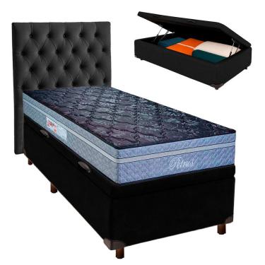 Imagem de Cama + Bau Preto E Colchão Molas Ensacadas Solteiro - Petrus Paropas + Cabeceira