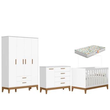 Imagem de Quarto De Bebê Flip Guarda Roupa 4 Portas Branco Acetinado Com Colchão Gazin - Reller