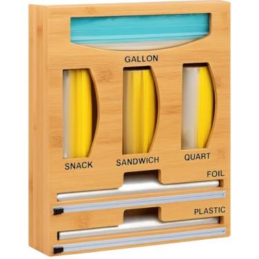 Imagem de iROLEN Ziplock Bag Organizer and Plastic Wrap Dispenser with Cutter, 6 IN 1 Bamboo Aluminum Foil and Plastic Wrap Organizer for Kitchen Drawer, Baggie Storage Organization (Slide Lid)