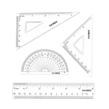 Imagem de Conjunto de matemática - Kit de geometria de 4 peças para estudantes - Material escolar com transferidor transparente, régua de 15 cm e 2 triângulos - Escalas métricas e imperiais