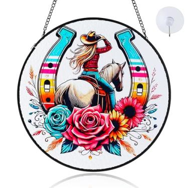 Imagem de ZioNNyxviana West Cowgirl Horse Suncatcher vitral pendurado com corrente de metal e ganchos 19 cm para decoração de casa e jardim, presentes de inauguração de casa