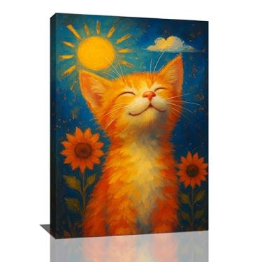 Imagem de Linda arte de parede de gato laranja pintura a óleo girassol decoração de parede bonito gatinho sorridente imagens impressão em tela decorações emolduradas presentes para amantes de gatos quarto de
