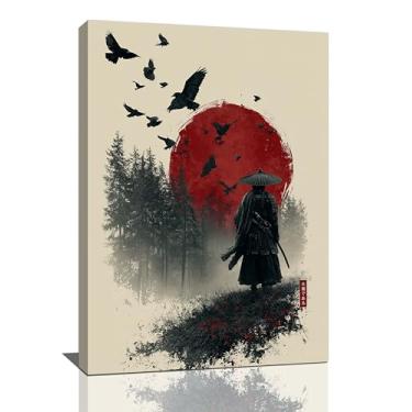 Imagem de Arte de parede Samurai Bushido Japonês Moderna Decoração de Parede Guerreiro Japonês Tela Oriental Asiática Retrô Sol Vermelho Pintura Impressão Arte Decorações Emolduradas Presentes para Quarto de