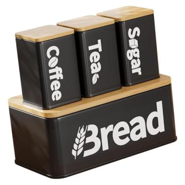 Imagem de DimyFew Conjunto de 4 peças: Caixa para pão com recipiente para chá, café e açúcar, multiuso, com tampa de bambu, organizador de grande capacidade, Preto