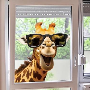 Imagem de Decalques realistas de girafa para janela de 30 x 30 cm, adesivos de parede com cabeça de animal de desenho animado adesivos de vidro, película adesiva para sala de estar, quarto, decoração de porta
