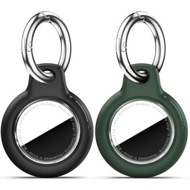 Imagem de Pacote com 2 Airtags de suporte à prova d'água com chaveiro Apple AirTag, capa rígida para PC AirTag, suporte antiarranhões e choques, chaveiros e chaveiros masculinos femininos - preto + verde escuro