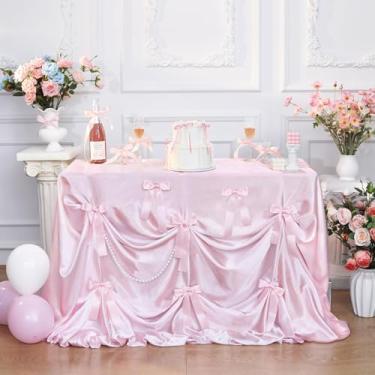 Imagem de LJIE-House Horaldaily Toalha de mesa rosa de Páscoa – Toalha de mesa com laço para pequenas mesas redondas e quadradas, toalha de mesa de cetim de tecido liso para cenários, chás de bebê, casamentos,