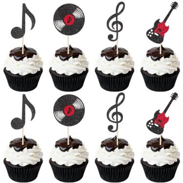 Imagem de 24 peças de notas musicais, topos de cupcake, com glitter, guitarra, rock, cupcake, decoração de festa temática para rock, tema de concerto, chá de bebê, casamento, crianças, aniversário, decoração de
