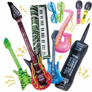 Imagem de Conjunto de 10 peças de instrumentos infláveis para festa, adereços de cabine de fotos, guitarra, saxofone, alaúde baixo, microfone, gravador, tema de piano, festa, brinquedos de rock, decorados
