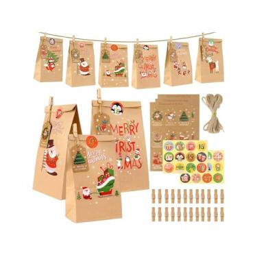 Imagem de Pacote com 24 sacos de contagem regressiva de Natal - Sacos grandes reutilizáveis de papel kraft para presente com 24 adesivos, decorações de Natal para crianças e adultos família (26 x 19 cm)