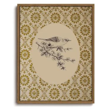 Imagem de KISSFOX Arte de parede emoldurada vintage Boho botânica floral desenho de pássaro impressões de arte em tela imagens de casa de fazenda rústica decoração de parede cottagecore pinturas antigas arte