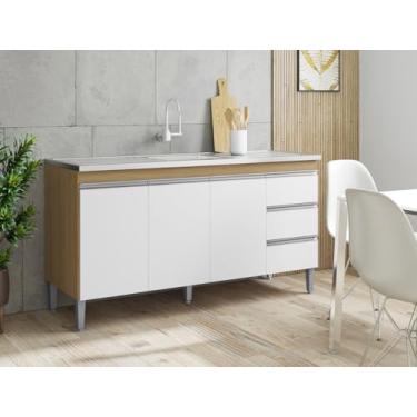 Imagem de Balcão Gabinete de Pia Andréia 150cm Amêndoa/Branco S/Tampo 2 Portas 3 Gavetas