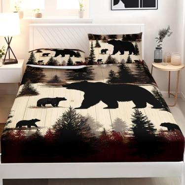 Imagem de AILONEN Jogo de lençol solteiro com urso preto, floresta selvagem, rústica, temática de caça, 3 peças, 1 bolso profundo + 2 fronhas, microfibra macia