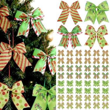 Imagem de 48 peças de laços de Natal verdes vermelhos de 15,2 cm, grandes guirlandas de Natal com glitter, bolinhas, arco de bengala doce, enfeite de arco de árvore de Natal para embrulho de presente, casa