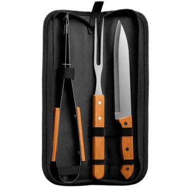 Imagem de Kit Churrasco Churrasqueiro Faca Garfo Pegador Com Estojo 3 Peças - Lu