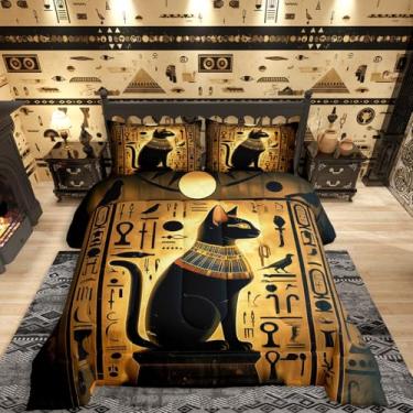 Imagem de Jogo de cama Queen com estampa de gato do Egito Antigo, Egito Antigo, Edredom de Penas de Gato Preto Antigo, Hieróglifos Vintage, para Quarto de Meninos e Adolescentes e Adultos