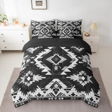 Imagem de jejeloiu Conjunto de edredom asteca do sudoeste com lençóis, 7 peças, Queen, retrô, boêmio, ocidental, para crianças, meninos, meninas, tribal, em uma bolsa, preto e branco, decoração de quarto de