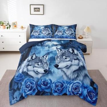 Imagem de Erosebridal Conjunto de cama King com estampa floral rosa, lobo tribal animal selvagem, para quarto de adolescentes e adultos, céu estrelado e lua, 3 peças, respirável