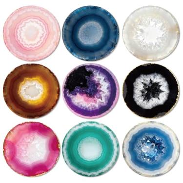 Imagem de ANATTASOUL Conjunto de 9 porta-copos de madeira coloridos com padrão de geodos naturais, presente de inauguração de casa redonda para casa nova, proteção de mesa de centro decorativa de 9,9 cm para