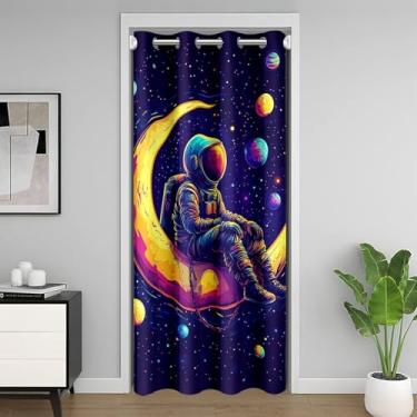Imagem de Cortina de porta de astronauta para meninos, cortinas de porta de planeta espacial, cortina de privacidade colorida com estrela e lua, galáxia sonhadora, universo, quarto, cozinha, armário, decoração
