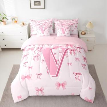 Imagem de jejeloiu Conjunto de edredom solteiro com laço rosa para meninas, meninos, meninas, 7 peças, letra V, monograma, decoração de quarto, laços coquetes, microfibra leve e macia