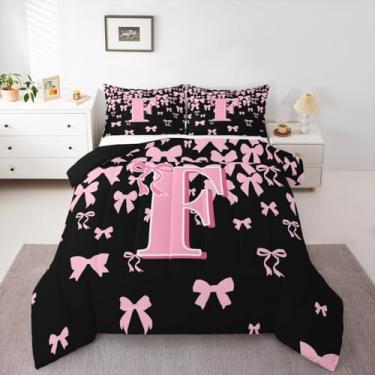 Imagem de jejeloiu Conjunto de edredom com laço fofo para todas as estações, letra F, com 1 fronha, preto, rosa, coquete, laço e laço para crianças, monograma, edredom