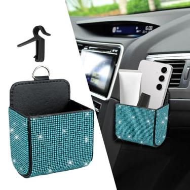 Imagem de HQRNYP Organizador de armazenamento de ventilação de carro, suporte de moedas para carro, bolso de couro para ventilação automática com strass, acessórios universais para carro, caixa com gancho para