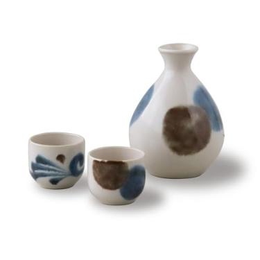 Imagem de Conjunto de saquê japonês, decantador de cerâmica Mino Ware com 2 copos Guinomi, cerâmica tradicional feita à mão no Japão (azul escovado, decantador (300 ml), copo (50 ml - 50 ml))