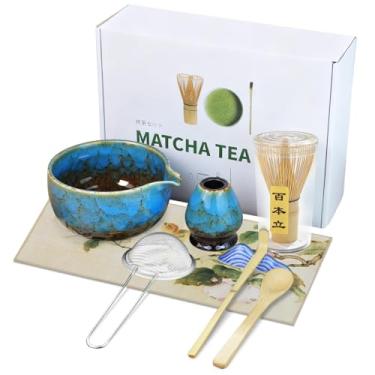 Imagem de HEYMKGO Conjunto de batedor Matcha, 8 peças, tigela matcha azul safira, batedor e suporte de bambu, colher, peneira, colher de bambu e toalha de chá - kit de cerimônia de chá Matcha tradicional