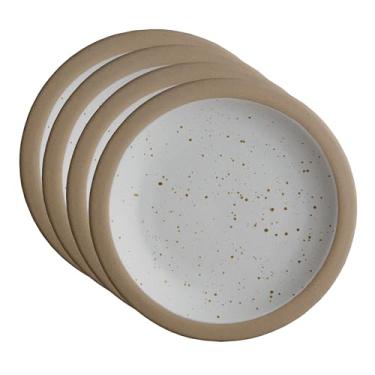 Imagem de Goodies Pratos de aperitivo com borda branca e marrom (conjunto de 4), cerâmica artesanal, esmaltada, segura para lava-louças, segura para micro-ondas, durável, fácil de limpar, empilhável, 19 cm
