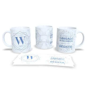 Imagem de Caneca Motivacional com Frase 'Se Você Está Cansado de Recomeçar Pare de Desistir', Cerâmica Branca, Design Geométrico Azul (w)