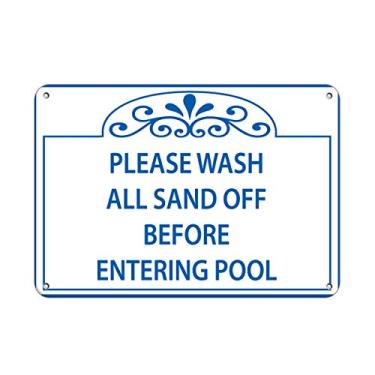Imagem de Placa de metal horizontal de alumínio vários tamanhos, lave toda a areia antes de entrar na piscina regras brancas com borda à prova de intempéries sinalização de rua 25 x 18 cm