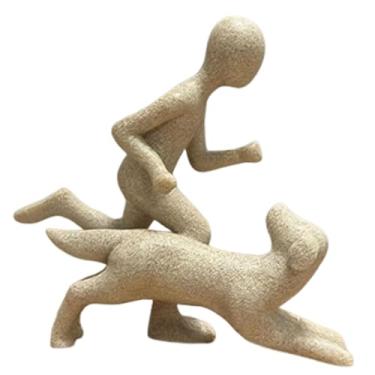 Imagem de Generic Estátua de homem e cachorro para decoração de mesa, presente, peça de artesanato para colecionadores, escultura artística para armário, sala de estar, Cor de Arenito