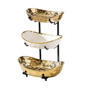 Imagem de jessie Tigela de frutas de 3 camadas para balcão de cozinha, tigela de cerâmica com suporte de metal, cesta de frutas de 3 camadas para pão de legumes, doces, salgadinhos, nozes, bandeja de bolo de