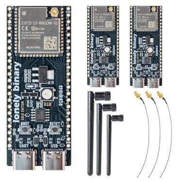 Imagem de LONELY BINARY Pacote com 3 ESP32-S3 Gold Edition Dev Board - 16MB Flash 8MB PSRAM Dual USB-C IPEX Antena WiFi Bluetooth para projetos Arduino IoT, MicroPython e ESP-IDF N16R8 (16MB + Antenna Gold