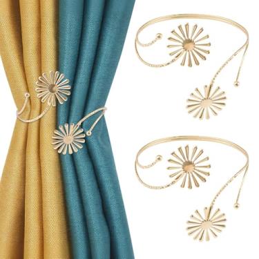 Imagem de UFURMATE Laços de cortina de flores, 2 peças de fivelas de corda decorativas de metal para modelagem aleatória criativa para escritório em casa (margarida dourada)