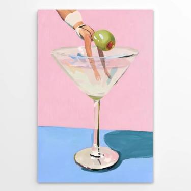 Imagem de Arte de parede em tela de coquetéis vintage brincalhão Martini Olive Girl Mergulhando em coquetéis Cartazes Funky Preppy Engraçado Estética para Quarto Feminino Quarto Cozinha Decoração de Parede 30,5