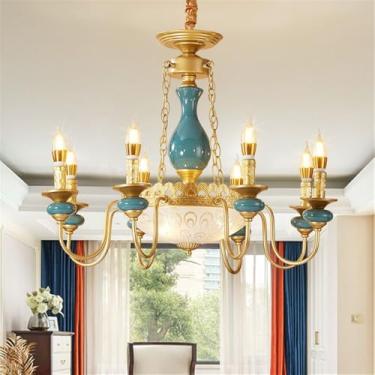 Imagem de Lustre de cerâmica europeu com luzes LED, estilo retrô americano, para sala de estar, restaurante, quarto, escritório, casa de campo, hotel ou café (8 lâmpadas).