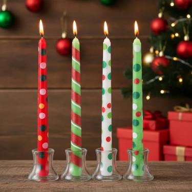 Imagem de Zhengmy Pacote com 4 velas cônicas de Natal, castiçais de Natal de 25,4 cm de altura, presentes de listras vermelhas e verdes para decoração de mesa de jantar de Natal, festas de fim de ano, centro de