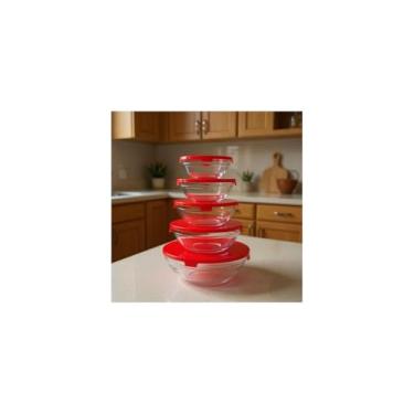 Imagem de Conjunto de 5 Potes Redondos de Vidro com Tampa Vermelha, Capacidades 135ml a 1000ml, Empilháveis, para Armazenamento de Alimentos