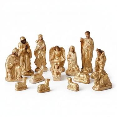 Imagem de Presépio de Natal em Gesso16 Peças Decorativas Figuras Douradas
