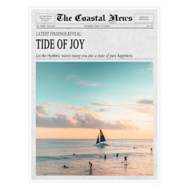 Imagem de Tide of Joy - Pôster de impressão em tela com tema de praia vintage arte de parede estilo jornal ondas do oceano e decoração de parede de surfe perfeito para casa de praia, sala de estar ou quarto, 28