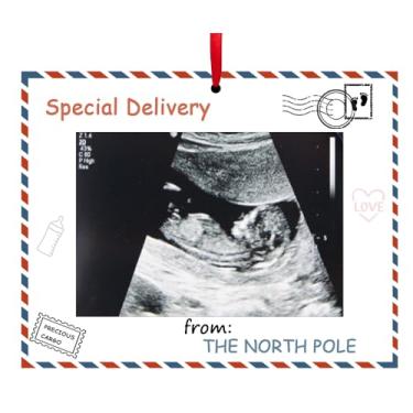 Imagem de Gibaniza Enfeite de Natal de anúncio de gravidez – Lembrança de moldura de foto de ultrassom com fita – Presente para bebês em breve para avós, futura mamãe, decoração de árvore de Natal (vermelho e