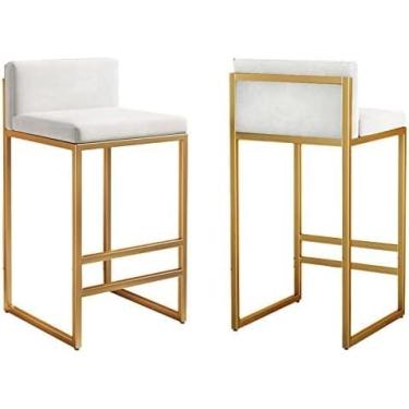 Imagem de LHYGXFC Conjunto de banquetas de veludo com altura para balcão com encosto e apoio para os pés Cadeiras de bar de jantar quadradas modernas para cozinha ilha casa pub perna dourada cinza 75 cm 3 peças