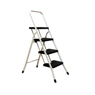 Imagem de Escadas dobráveis com 4 degraus Escada de metal dobrável com pega de mão de segurança de uma peça e pedal não escorregadio, escadas de capacidade de 150 kg para escada resistente em casa (cor: branco