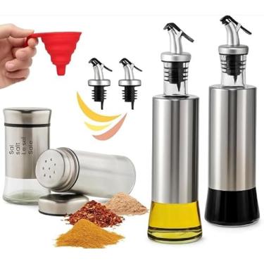Imagem de Kit Galheteiro para Azeite e Vinagre com Saleiro e Pimenteiro Prata, Funil Retrátil de Silicone e Bico Dosador com Fluxo Controlado para Cozinha Gourmet