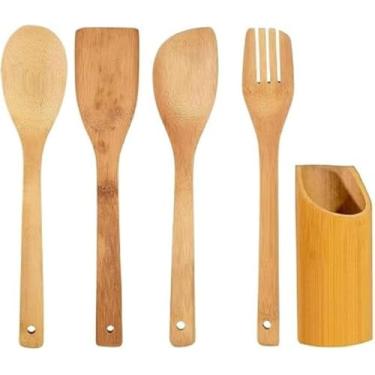 Imagem de Kit Utensílios de Cozinha em Bambu, 5 Peças, Colheres, Espátula, Garfo com Suporte Organizador, 28-30cm, 275g