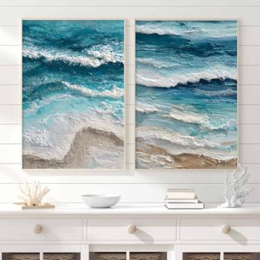 Imagem de Conjunto de arte de parede em tela oceano azul com 2 impressões de imagens de textura de praia azul pôster de onda do oceano pintura paisagem marítima fotos de banheiro de praia decoração de parede